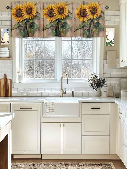 Kitchen Valances for Window, Watercolor Sunflower Retro Board Light Filtering Rod Pocket Valance Curtain, Farm Brown Wood Grain Short Curtains Window Topper for Bedroom Bathroom Living Room 42x12in