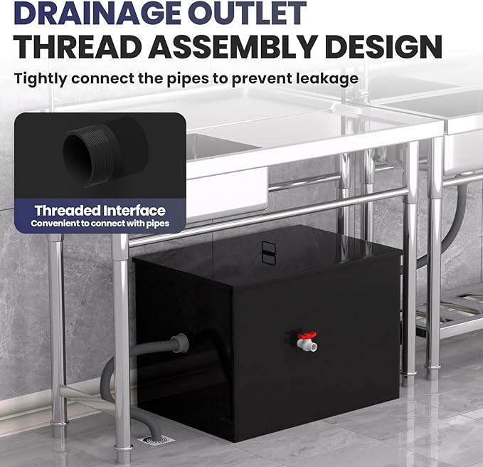 15.3 GPM Under Sink Grease Trap with Filter Baskets, 40 LBS Commercial Grease Trap, 26x18x18 in, 3-Layer Steel Grease Interceptor for Kitchen, Restaurant, Food Processing
