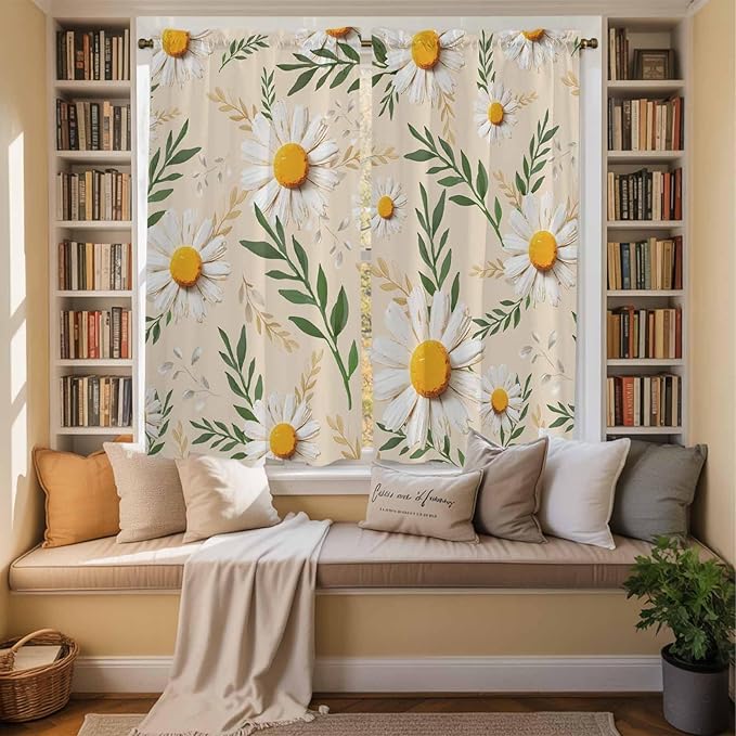 Spring Daisy Kitchen Curtains, Country Watercolor Flower Leaf Plant Light Filtering Window Curtain Panels, 2Pcs Rod Pocket Window Treatments Set for Living Room Bathroom Bedroom 42x63 Inches