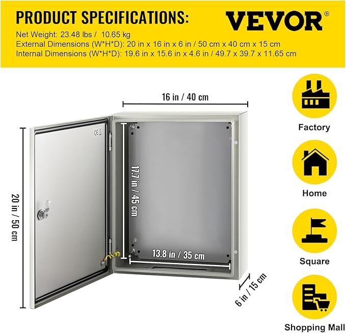 VEVOR NEMA Steel Enclosure, 20 x 16 x 6'' NEMA 4X Steel Electrical Box, IP66 Waterproof & Dustproof, Outdoor/Indoor Electrical Junction Box, with Mounting Plate