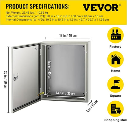 VEVOR NEMA Steel Enclosure, 20 x 16 x 6'' NEMA 4X Steel Electrical Box, IP66 Waterproof & Dustproof, Outdoor/Indoor Electrical Junction Box, with Mounting Plate
