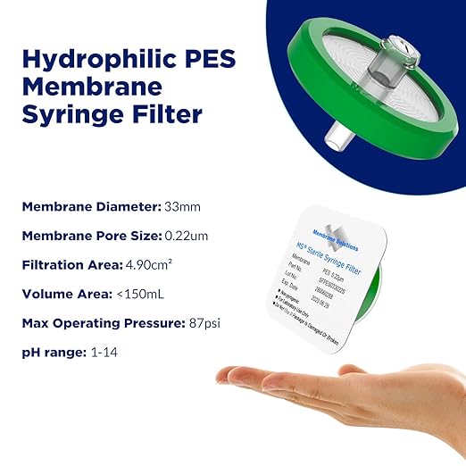 Membrane Solutions 500 Pack Syringe Filter Sterile PES Hydrophilic Filtration 0.22um Pore Size, 33mm Membrane Diameter Sterile PES Membrane Individually Packed
