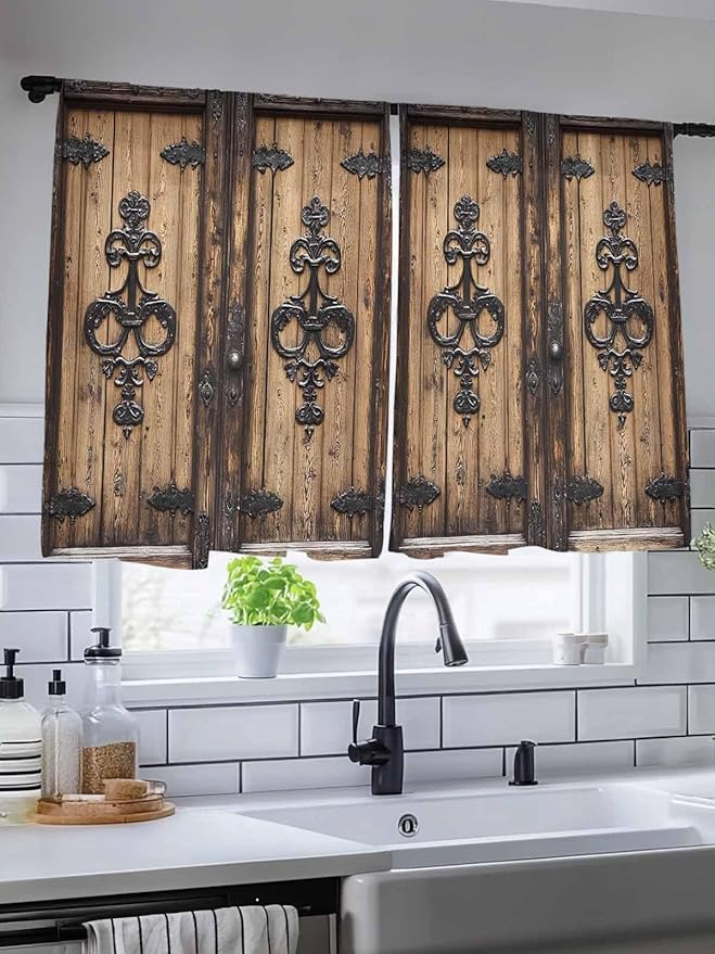 Sheer Curtains 54 Inch Length, Barn Door Semi Sheer Curtains Light Filtering Window Treatment, Farmhouse Wooden Grain Rustic Tribal Pattern Privacy Voile Drapes for Living Room Bedroom 52x54 Inch