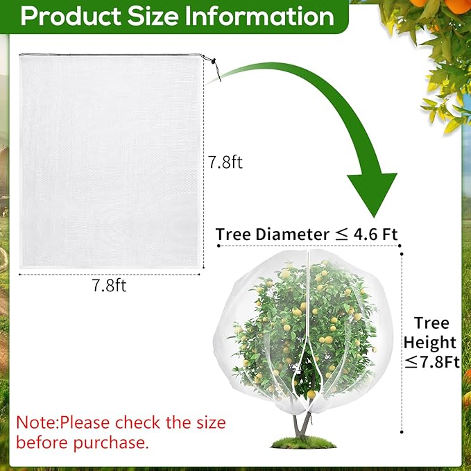 7.8 x 7.8 ft Large Fruit Tree Netting Cover with Zipper and Drawstring,Garden Insect Netting Plant Cover Transparent Bird Plant Barrier Flower Fruit Mesh Screen for Preventing Deer Squirrel Bug