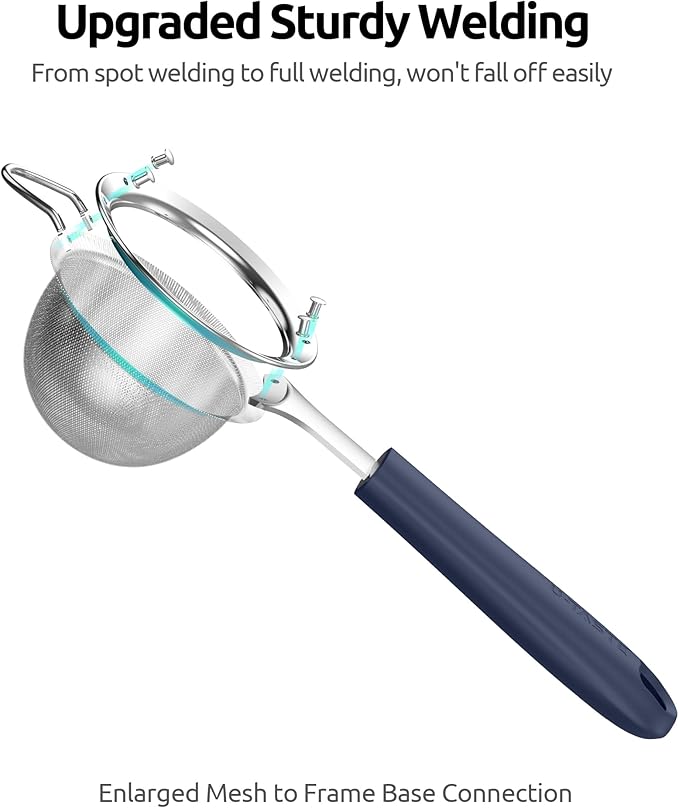 U-Taste Small Fine Mesh Strainer: 18/8 Stainless Steel 3.35in 30 Mesh Kitchen Food Sieve with Sturdy Riveted Silicone Handle, Heavy Duty Deep Handheld Metal Colander for Tea, Juice (Midnight Blue)