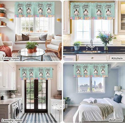 Green Easter Curtain Valances for Windows, Kitchen Valance Window Treatment, Spring Cartoon Bunny Colorful Eggs Wood Grain Light Filtering Block Curtains for Bathroom/Bedroom/Living Room 42'' x 18''