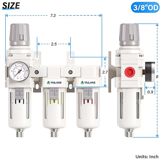 TAILONZ PNEUMATIC 0-150PSI 3/8 Inch NPT Grade 3 Stage Air Drying System, Particulate Filter, Air Filter Pressure Regulator Combo Piggyback, Air Tool Compressor Filter with Gauge (Semi-Auto Drainage）