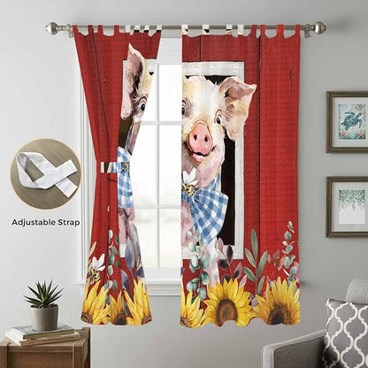 Pig Sunflowers Living Room Curtains 96 Inch Length, Window Curtains Tab Top, Eucalyptus Leaves Floral Bees Red Barn Light Filtering Window Treatments Drapes 52"x96" 2 Panel