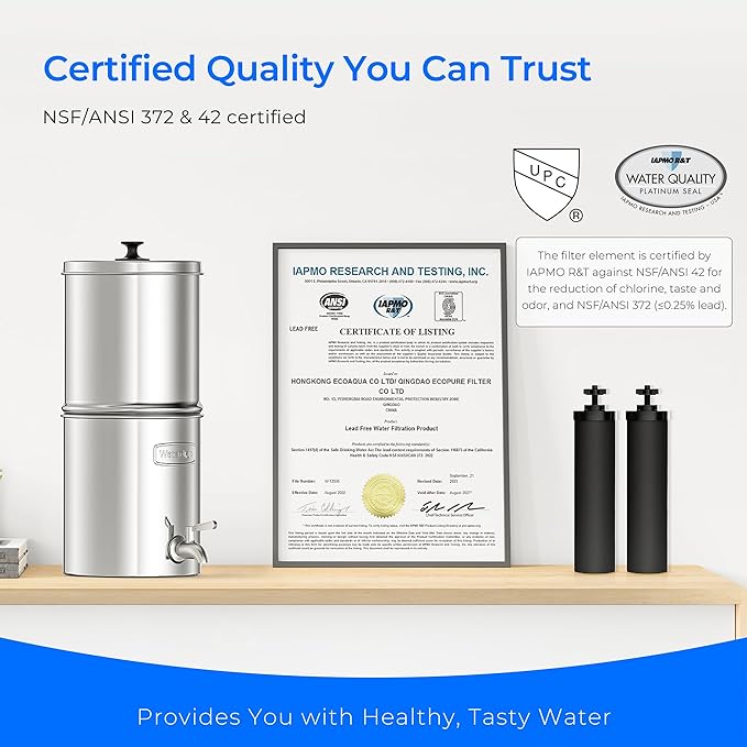 Waterdrop Gravity Water Filter, 2.25G Stainless-Steel System with Silver Ions Enhanced Filtration with 2 Black Carbon Filters, NSF/ANSI 42&372 Standard, Reduces Chlorine for Emergencies