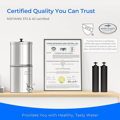 Waterdrop Gravity Water Filter, 2.25G Stainless-Steel System with Silver Ions Enhanced Filtration with 2 Black Carbon Filters, NSF/ANSI 42&372 Standard, Reduces Chlorine for Emergencies