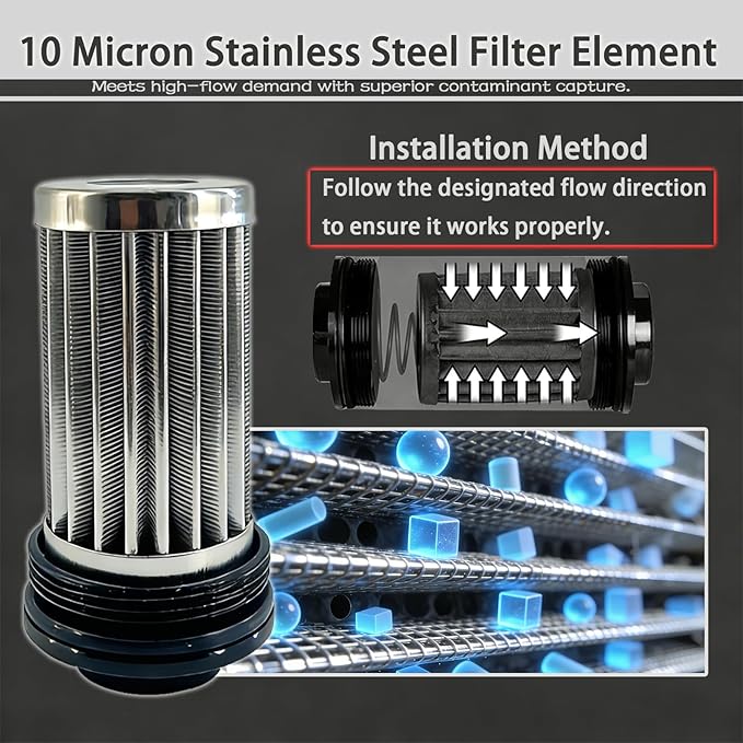 10 micron inline fuel filter with 6AN 8AN 10AN Adapter and Bracket Clip 50MM Black Universal