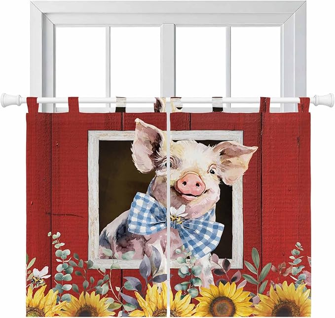 Pig Sunflowers Bedroom Curtains 63 Inch Length, Window Curtains Tab Top, Eucalyptus Leaves Floral Bees Red Barn Light Filtering Window Treatments Drapes 42"x63" 2 Panel