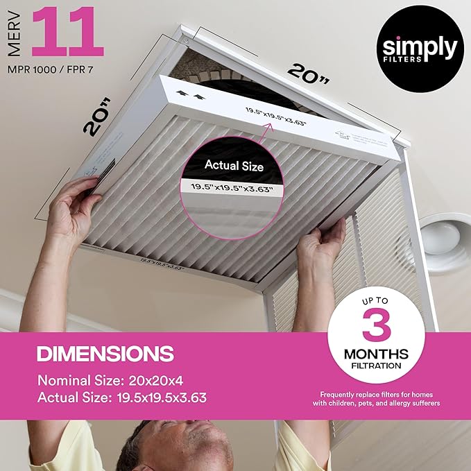 Simply 20x20x4 Air Filter, MERV 11, 4 Pack, Furnace Air Filter for HVAC (Actual Size:19.5"x19.5"x3.63") DUST, Pet, & Allergy Control