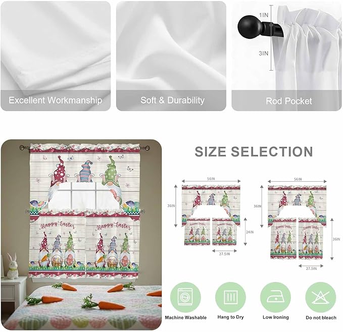 Swag Valance Curtains, Happy Easter Gnomes with Eggs on Grass Rod Pocket Valances Swag Topper for Kitchen Windows, Spring Floral on Wood Barn Light Filtering Short Curtain for Bedroom Bathroom 56x36In