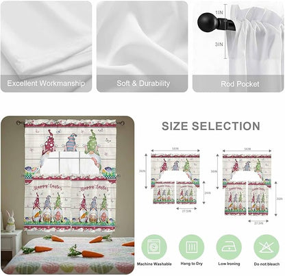 Swag Valance Curtains, Happy Easter Gnomes with Eggs on Grass Rod Pocket Valances Swag Topper for Kitchen Windows, Spring Floral on Wood Barn Light Filtering Short Curtain for Bedroom Bathroom 56x36In