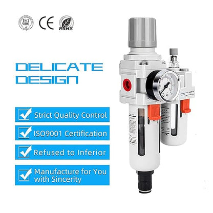 NANPU 1/2" NPT Auto-Drain Air Filter Regulator Lubricator Combo (FRL) Water/Oil Trap Separator - Gauge(0-150 psi), 5 Micron Brass Element, Poly Bowl, Metal Bracket