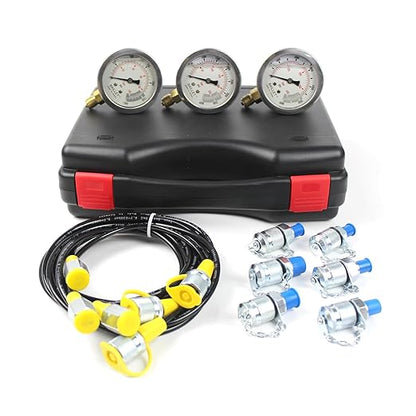 SINOCMP Hydraulic Pressure Test Coupling Kit with 3 Pressure Gauge, 3 Hoses and 6 Couplings, Hydraulic Gauge Set for Excavator Construction Machinery
