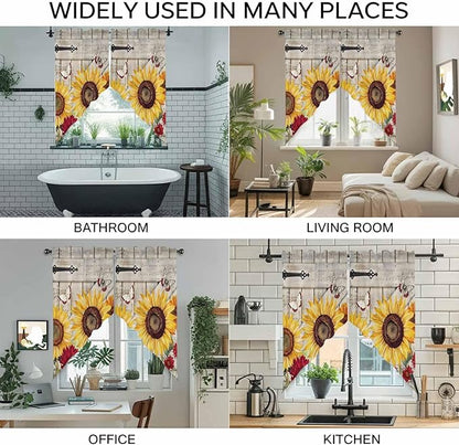 Red Yellow Sunflowers Swag Valances for Windows, Retro Rustic Barn Doors Butterfly Brown Rod Pocket Kitchen Curtains Valance, Small Window Curtains Swag for Cafe Living Room, 2 Panels, 28x36 inch
