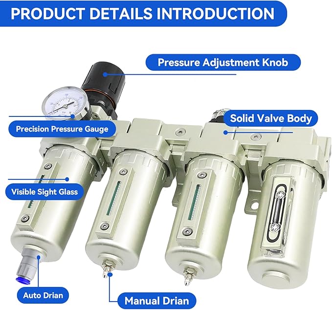 1/2" NPT Industrial Grade 4 Stage Air-Dryer-for-Compressor, Air-Compressor-Water-Separator-System for Plasma Cutter and Paint Spray, 3Filter&1Dryer System,Auto Drain
