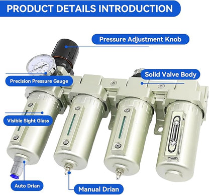 1/2" NPT Industrial Grade 4 Stage Air-Dryer-for-Compressor, Air-Compressor-Water-Separator-System for Plasma Cutter and Paint Spray, 3Filter&1Dryer System,Auto Drain