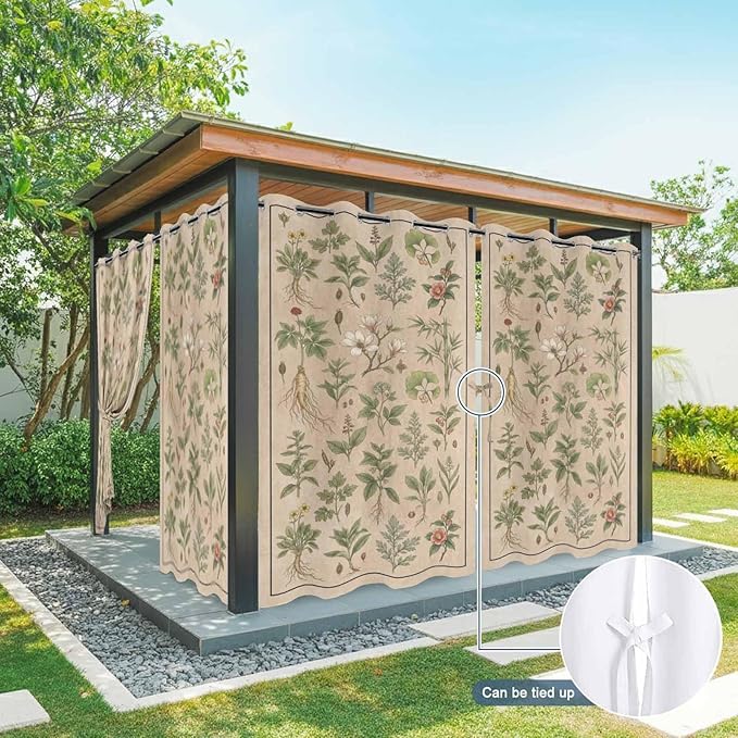 Vintage Outdoor Curtains for Patio Grass Herbal Botanical Garden Plants Waterproof Outside Curtains with Grommet Top Weatherproof Curtain for Cabana Pergola Gazebo, 1 Panel, 54" W x 95" L