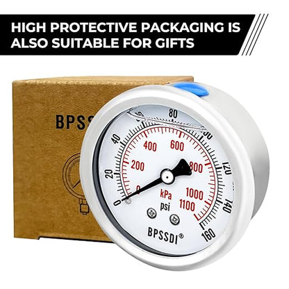 0-160 Psi Glycerin Liquid Filled Low Pressure Gauge, 2.5" Dial Size, 1/4" G Back Mount, 304 Stainless Steel Case, for Water Pipe, HVAC, Water Oil Air Pressure Test