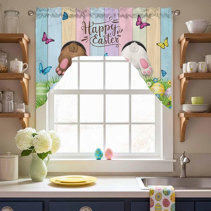 Swag Valance Curtains, Happy Easter Rabbit Butt Egg on Daisy Leaf Rod Pocket Valances Swag Topper for Kitchen Windows, Bufferfly on Wood Barn Light Filtering Short Curtain for Bedroom Bathroom 56x36In