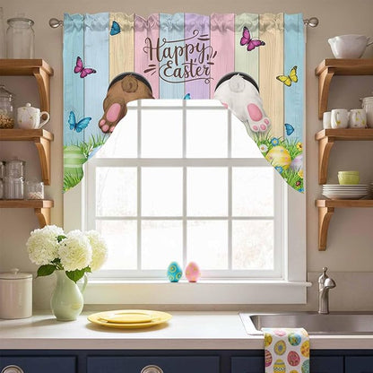 Swag Valance Curtains, Happy Easter Rabbit Butt Egg on Daisy Leaf Rod Pocket Valances Swag Topper for Kitchen Windows, Bufferfly on Wood Barn Light Filtering Short Curtain for Bedroom Bathroom 56x36In
