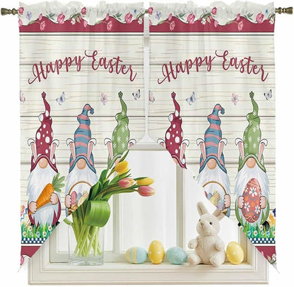 Swag Curtain,Happy Easter Gnomes with Eggs on Grass Kitchen Valances Rod Pocket Curtains Tier Pair Swag Topper,Spring Floral on Wood Barn 2 Panels Window Treatment for Bathroom Living Room Bedroom