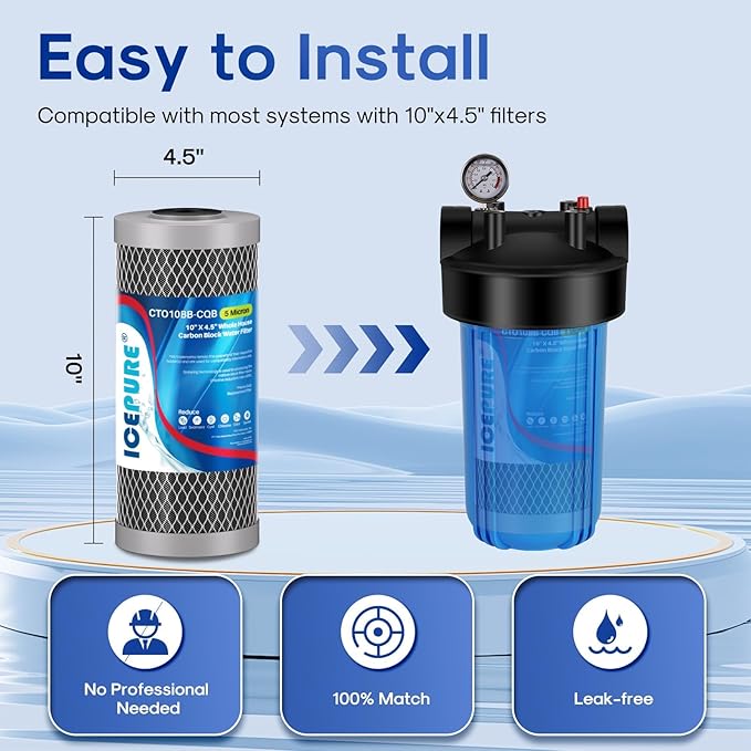 ICEPURE 5 Micron 4.5" x 10" CTO10BB-CQB Whole House Water Filter Upgraded Coconut Shell Activated Carbon Lead Remove Filter Replacement Cartridge, 1PACK
