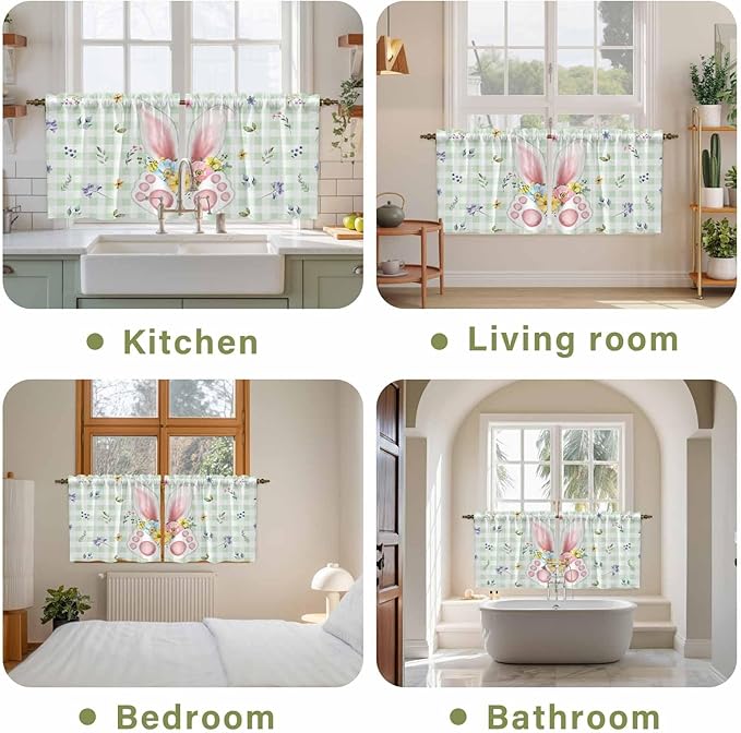 Easter Kitchen Tier Curtains 36 Inch Long 2 Panel Set,Rod Pocket Half Window Curtains Over Sink,Spring Bunny Ears Feet Flowers Green Plaid Light Filtering Short Drapes for Bathroom Cafe 27.5"W x 36"L