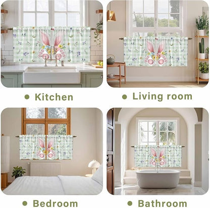 Easter Kitchen Tier Curtains 36 Inch Long 2 Panel Set,Rod Pocket Half Window Curtains Over Sink,Spring Bunny Ears Feet Flowers Green Plaid Light Filtering Short Drapes for Bathroom Cafe 27.5"W x 36"L