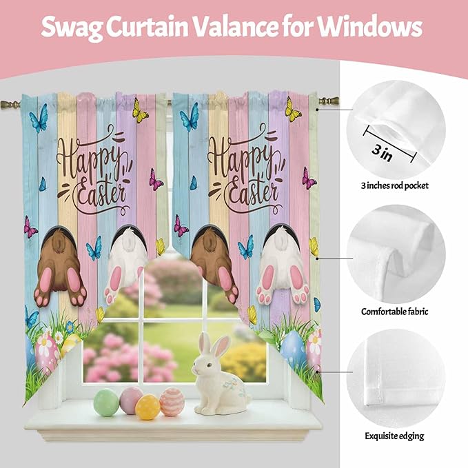 Swag Curtain Valances for Kitchen Windows,Happy Easter Rabbit Butt Egg on Daisy Leaf Short Rod Pocket Window Valance,Bufferfly on Wood Barn Swag Topper for Bedroom Living Room,2 Panels 36x63in
