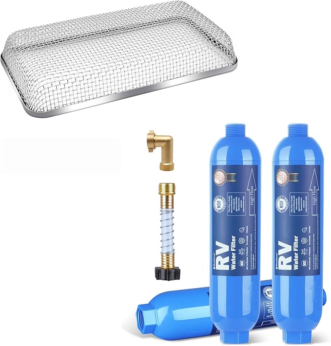 SheeChung RV Furnace Vent Screen, Flying Insect Screen Water Heater Cover for Camper, 7.5 x 4.1 x 1.3 Inch and RV Water Filter with Brass 90 Degree Hose Elbow and Flexible Hose Protector