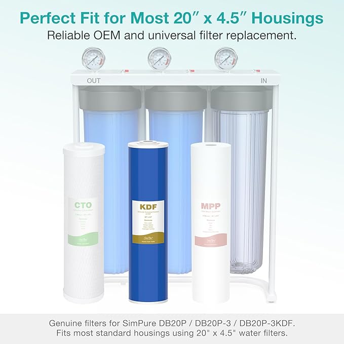 SimPure Whole House Water Filter Cartridges 20" x 4.5" GAC/KDF Carbon and Heavy Metal Filter, For DB20P, WHB20, FG25B-KS, WGB32B-KS, ‎FLTWH2045K, 4 Pack