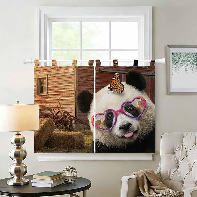 Farm Panda Kitchen Curtains 45 Inch Length, Short Cafe Window Curtains Tab Top, Farmhouse Barn Funny Animals Butterfly Light Filtering Window Treatments Tier Drapes 27.5"x45" 2 Panel
