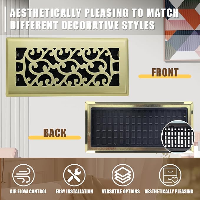 2 Packs Floor Vent Air Register 4X10 Inch Brushed Gold Color Floor Register Vents Heavy Duty Walkable Steel Floor Register Easy Adjust