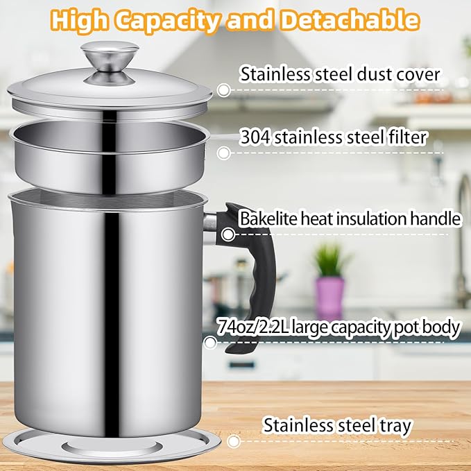 Kaemi 2.2L / 74OZ Bacon Grease Container With Strainer, Bacon Grease Keeper,Oil Storage Container for Kitchen,Filtered Oil Jug With Lid and Easy Grip Handle for Storing Meat Frying and Cooking Oil