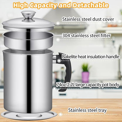 Kaemi 2.2L / 74OZ Bacon Grease Container With Strainer, Bacon Grease Keeper,Oil Storage Container for Kitchen,Filtered Oil Jug With Lid and Easy Grip Handle for Storing Meat Frying and Cooking Oil