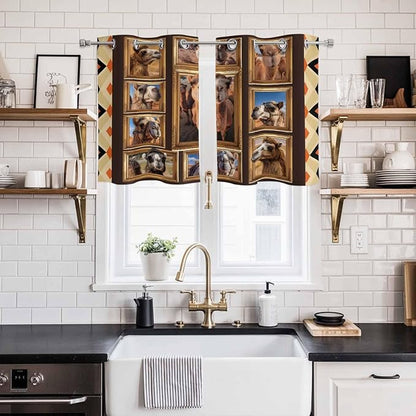 2 Panel Kitchen Cafe Curtains, Wildlife Camels Sunlight Filtering Nature Air Through, Home Decor Window Covering Tier Curtains for Living Room 55W x 39L inch Deserts Animals Brown Geometric Rustic