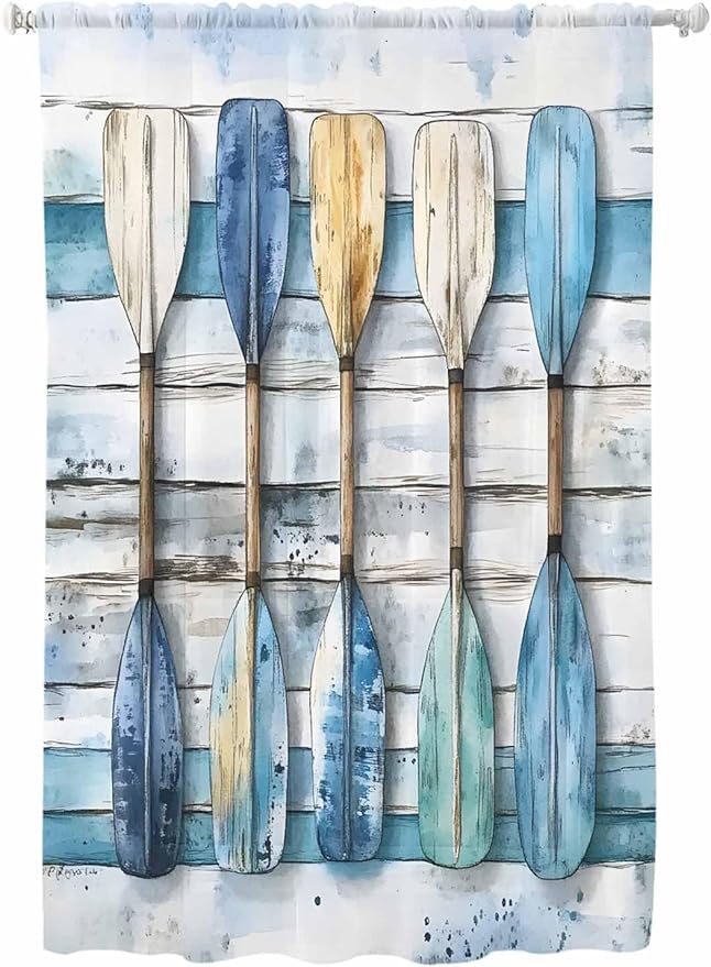 Sheer Curtains 72 Inches Long, Lake Paddle Striped Semi Sheer Curtains Light Filtering Window Treatment, Watercolor Vintage Wood Grain Privacy Voile Drapes for Living Room Bedroom 52x72 Inch