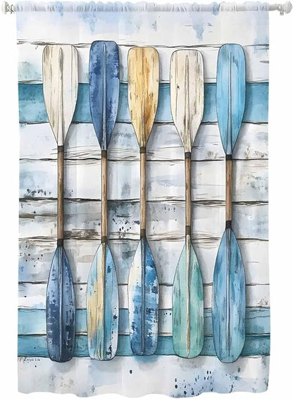 Sheer Curtains 72 Inches Long, Lake Paddle Striped Semi Sheer Curtains Light Filtering Window Treatment, Watercolor Vintage Wood Grain Privacy Voile Drapes for Living Room Bedroom 52x72 Inch