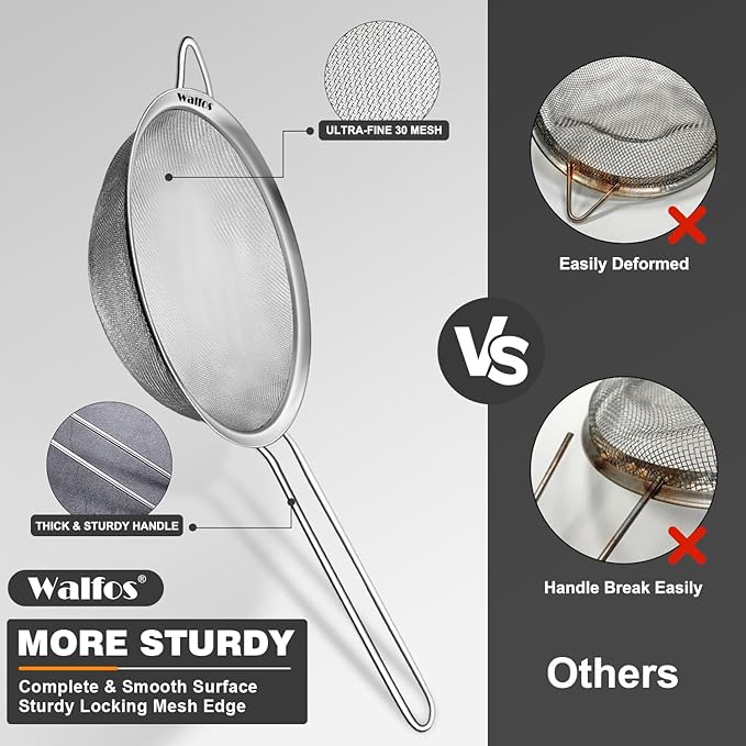 Walfos Fine Mesh Strainer 4PCS, Versatile Kitchen Strainer with Handle - 7", 4.6", 3.15", 2.7" Sieve Fine Mesh Stainless Steel, Metal Strainers and Sifters for Rice, Quinoa, Tea, Cocktail, Juice