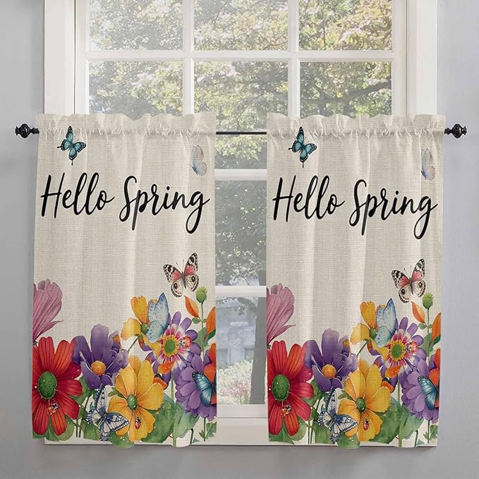 Spring Flowers Tier Curtains 45 Inches Long, Farmhouse Vintage Country Colorful Floral Window Treatment Curtain Drapes, Small Curtain Drapes for Bathroom Laundry Room, 27.5"x45", 2 Panels