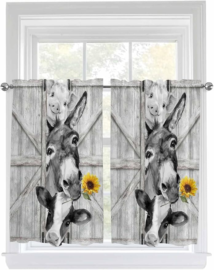 Grey Farmhouse Kitchen Curtains 54 Inches Length, Vintage Sunflowers Animals Printed Window Treatment Curtain Drapes, Thermal Insulated Drapes for Basement Hotel RV, 42"x54", 2 Panels