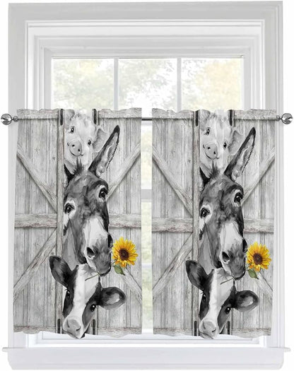 Grey Farmhouse Tier Curtains 45 Inches Long, Vintage Sunflowers Animals Printed Window Treatment Curtain Drapes, Window Half Privacy Curtains for Bedroom Bathroom, 42"x45", 2 Panels