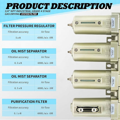 3/4" NPT Industrial Grade 4 Stage Gas Drying System, Coalescing Filter, Desiccant Dryer, Auto Drain, Compatible with Paint Spray, Plasma Cutter (Manual Version,3/4" NPT)