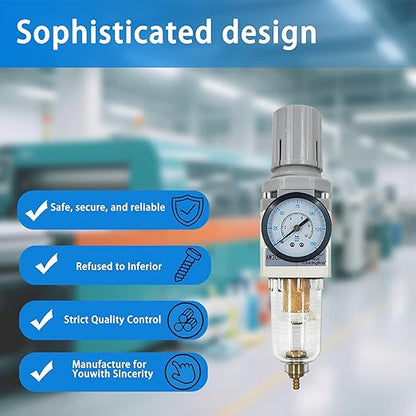 XingNEeng 1/4" NPT Compressed Air Filter Regulator Combo Piggyback, Water/Oil Trap Separator with Pressure Gauge(0-150 psi), Semi-Auto Drain, Poly Bowl, 5 Micron Brass Element, Metal Bracket
