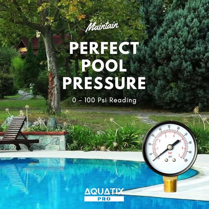 Pool Filter Pressure Gauge - Premium Spa/Pool/Aquarium Water Pressure Gauge by Aquatix Pro, 2" Dial, 0-100 Psi, Bottom Mount 1/4", Compatible with Most Brands Such as Hayward, Pentair & Jandy
