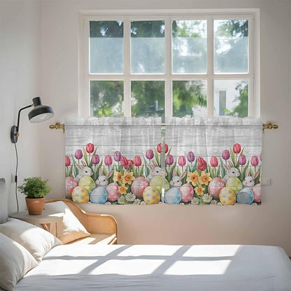 Easter Kitchen Tier Curtains 24 Inch Long 2 Panel Set,Rod Pocket Cafe Small Window Curtains Over Sink,Retro Spring Bunny Eggs Tulip Farm Wooden Grain Light Filtering Short Drapes 27.5"W x 24"L
